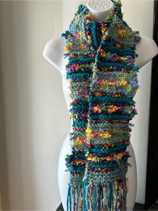 Handmade Accessories - Handcrafted Multicolor Fringe Knit Scarf - Teal Accent